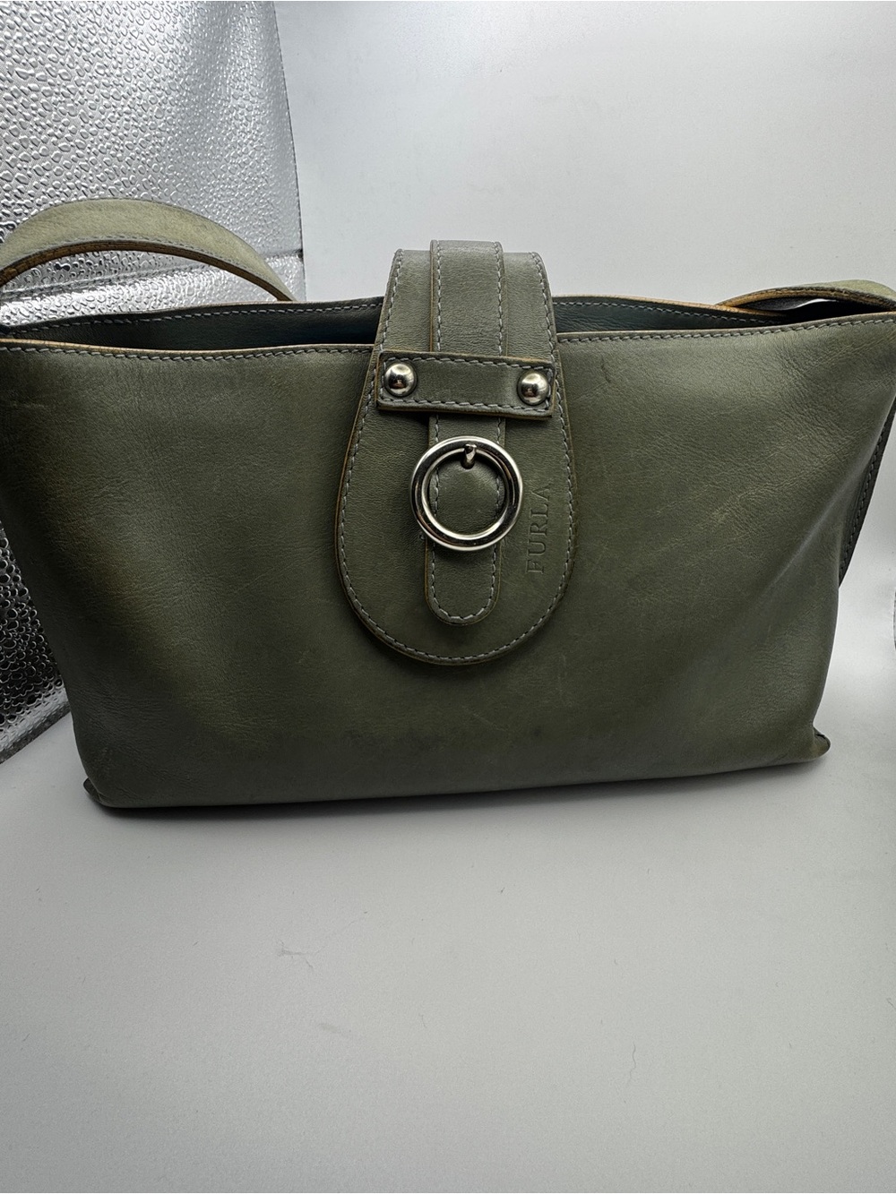 Furla Sage Green Leather Shoulder Bag Hobo Satchel Vintage Minimalist